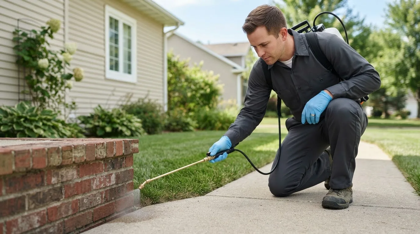 Pest control technician treating a home near Santa Fe, MO