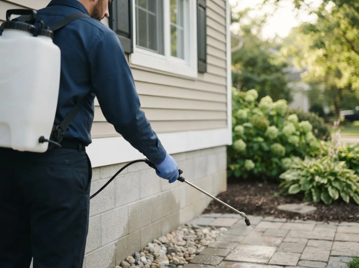 Pest control technician inspecting a home in Santa Fe, MO